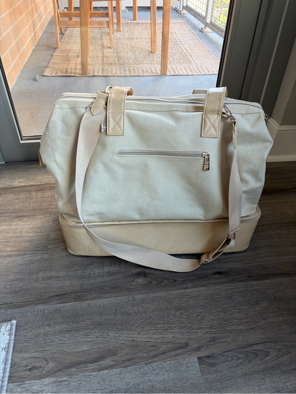 BEIS Cream Canvas Weekend Bag with Removable Strap